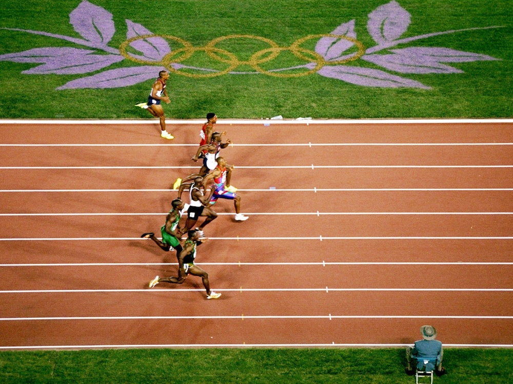 Vue aérienne de la finale du 100 m d'Atlanta