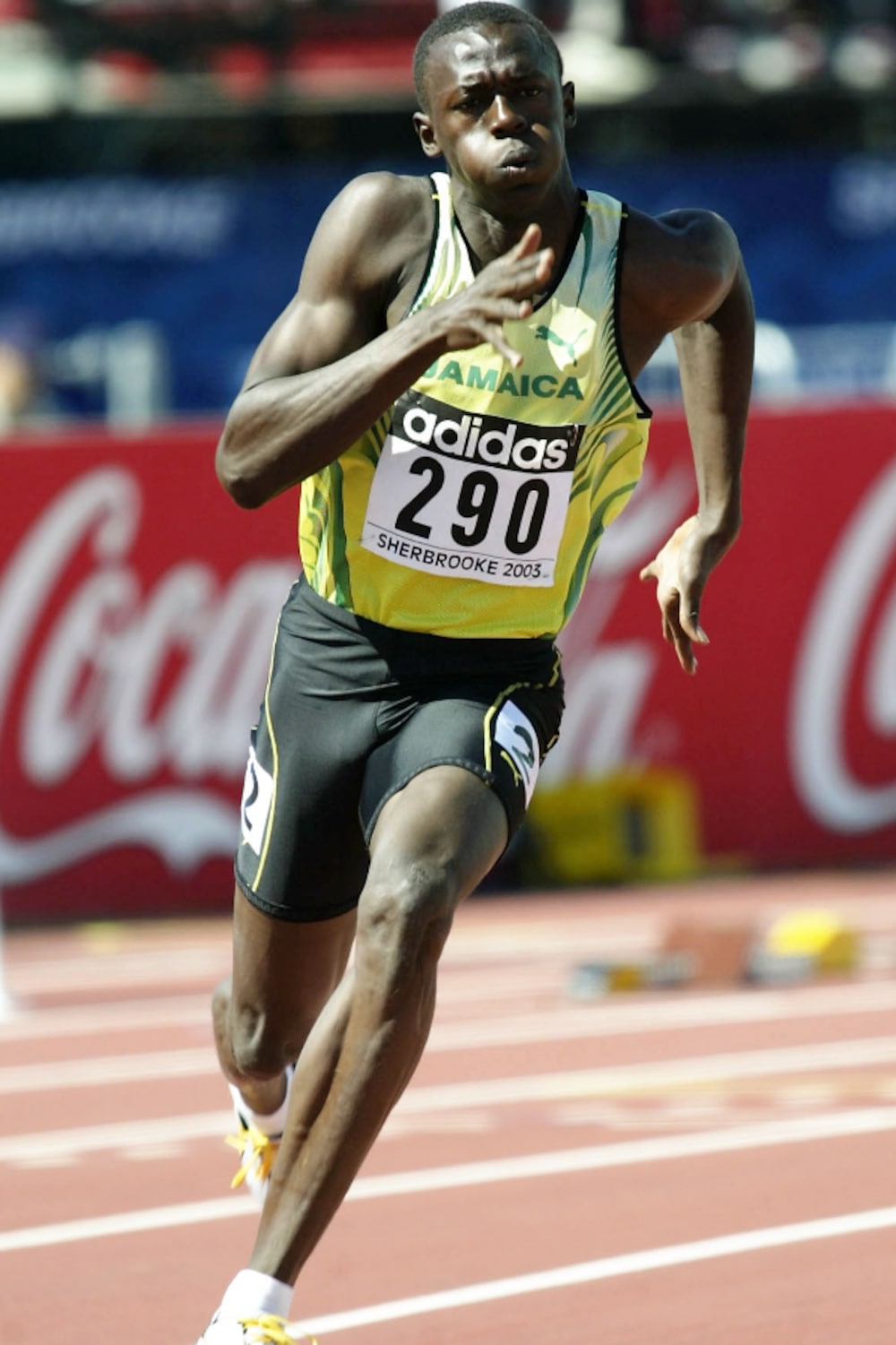 Usain Bolt le 12 juillet 2003 dans sa vague de qualification du 200 m aux Championnats du monde jeunesse de Sherbrooke
