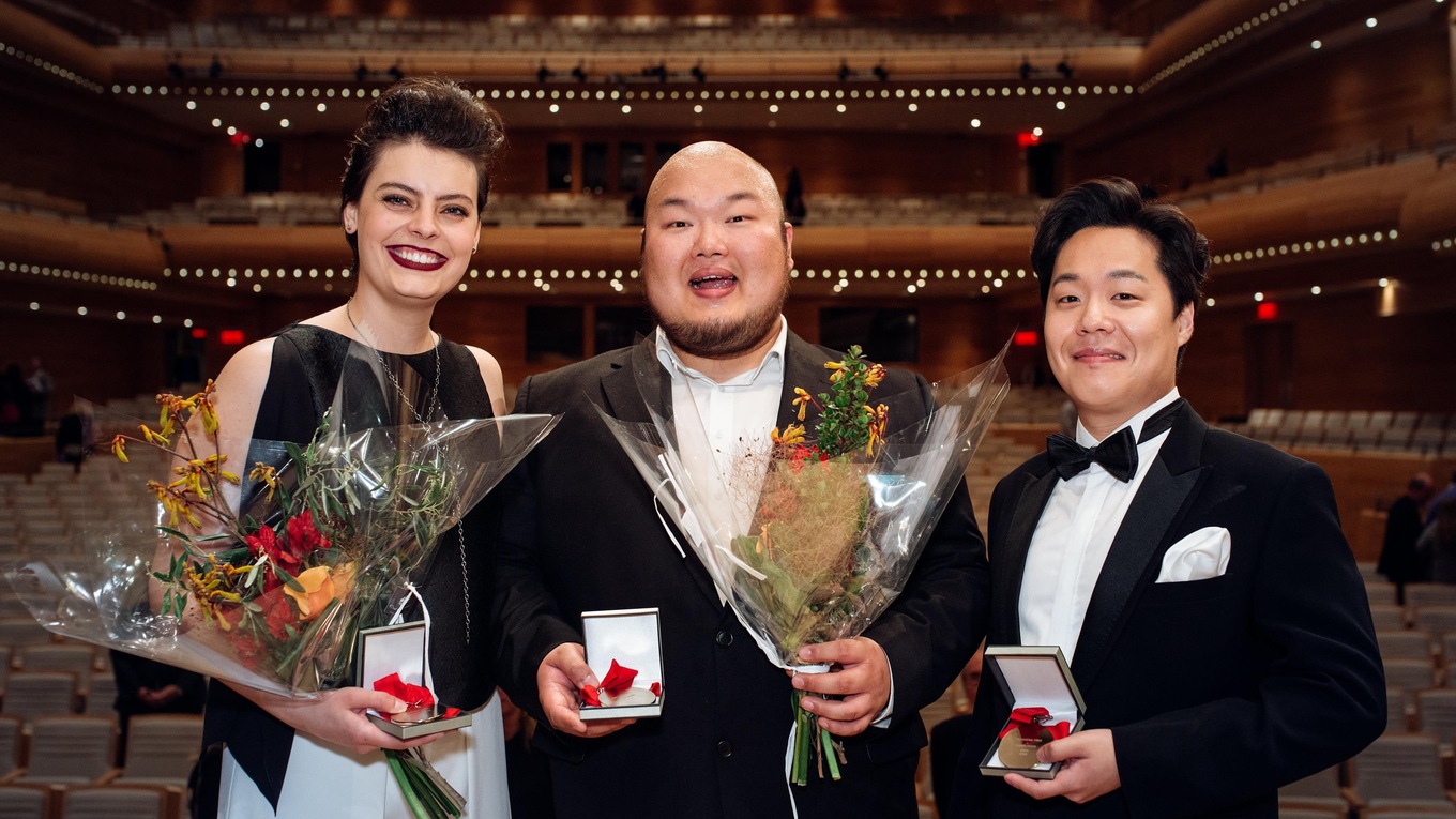 From left, Emily d'Angelo, Mario Bahg and Konstantin Lee are the top 3 prize winners (aria) at the 2018 Montreal International Music Competition.