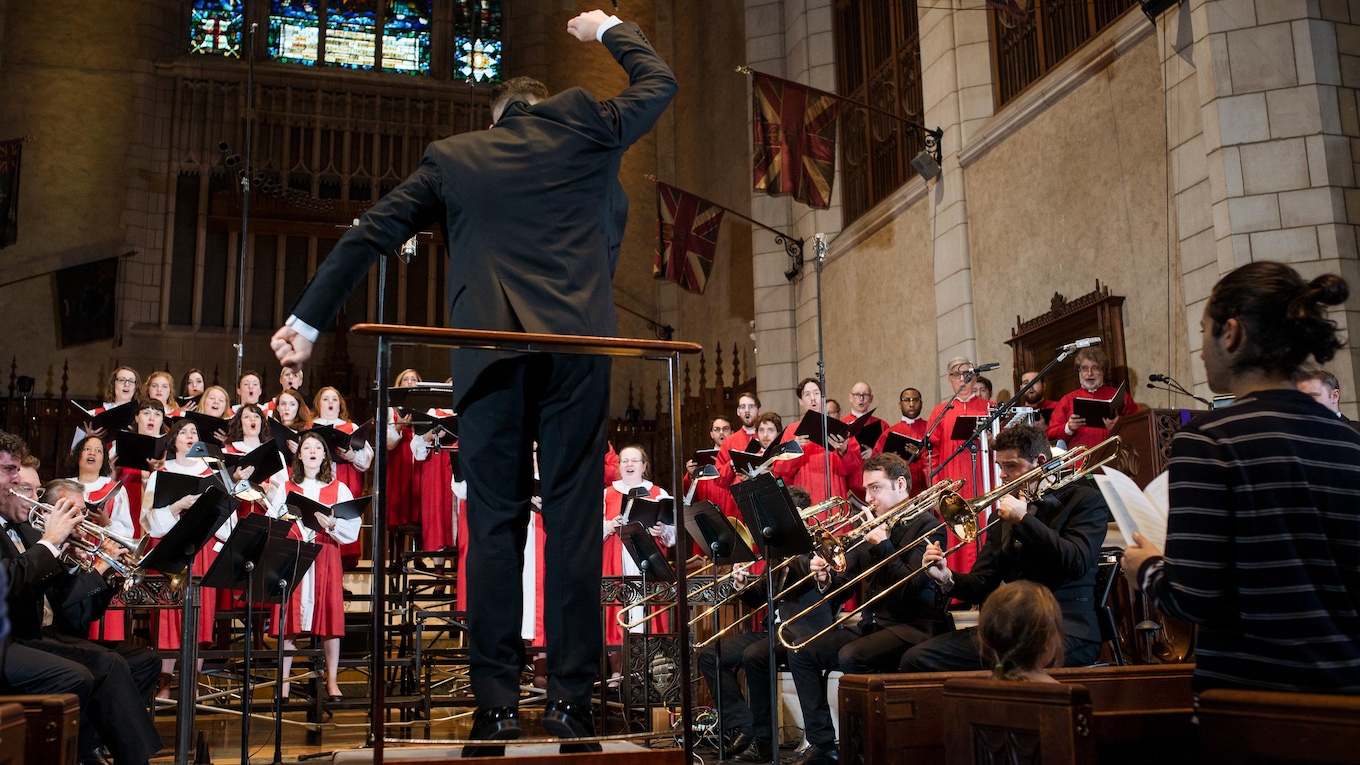 An ensemble of brass and percussion accompany the carols at the 2017 CBC Christmas Sing-In in Montreal.