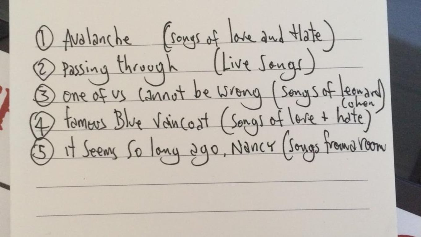 Glen Hansard's favourite Cohen songs hand-written in a list.