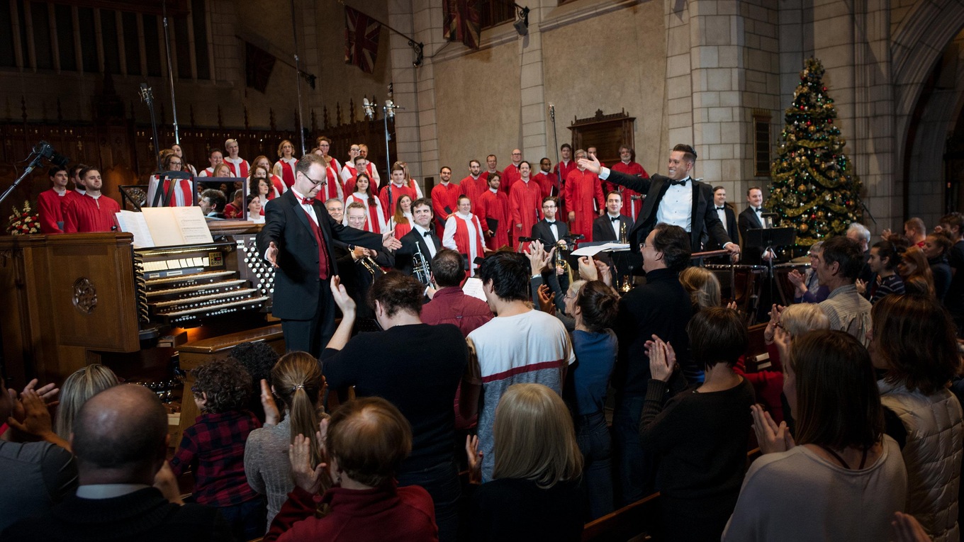 Organist Jonathan Oldengarm takes a bow at the conclusion of the 2017 CBC Christmas Sing-In in Montreal.