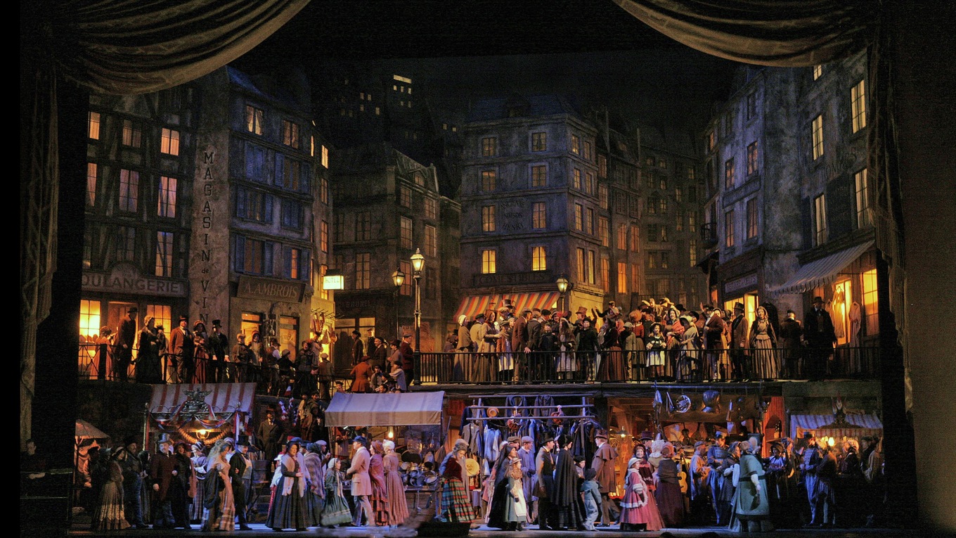Franco Zeffirelli created his production of Puccini's La bohème for the Metropolitan Opera in 1982. Pictured: the Act 2 set.