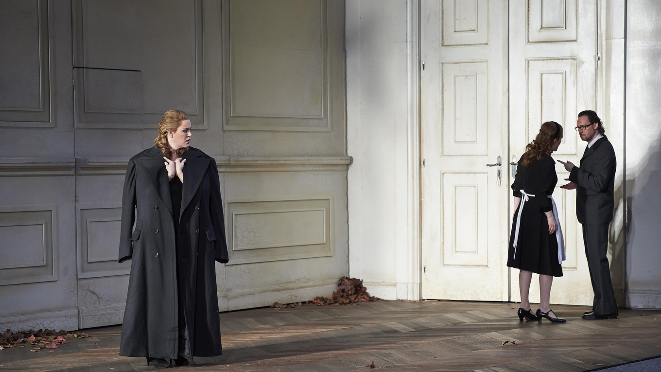 A scene from the Canadian Opera Company's February 2016 production of Mozart's Le nozze di Figaro starring Erin Wall (left), Jane Archibald (centre) and Josef Wagner (right).