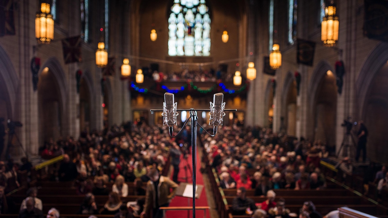 Microphones are in place to record the 2017 CBC Christmas Sing-In in Montreal.