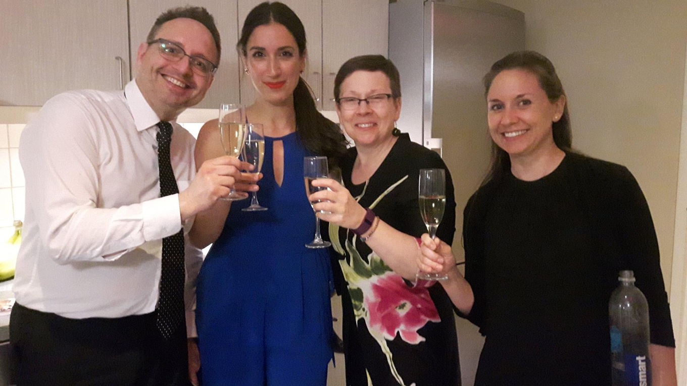 Three of the official pianists pose with a page-turner at the 2018 Montreal International Music Competition.
