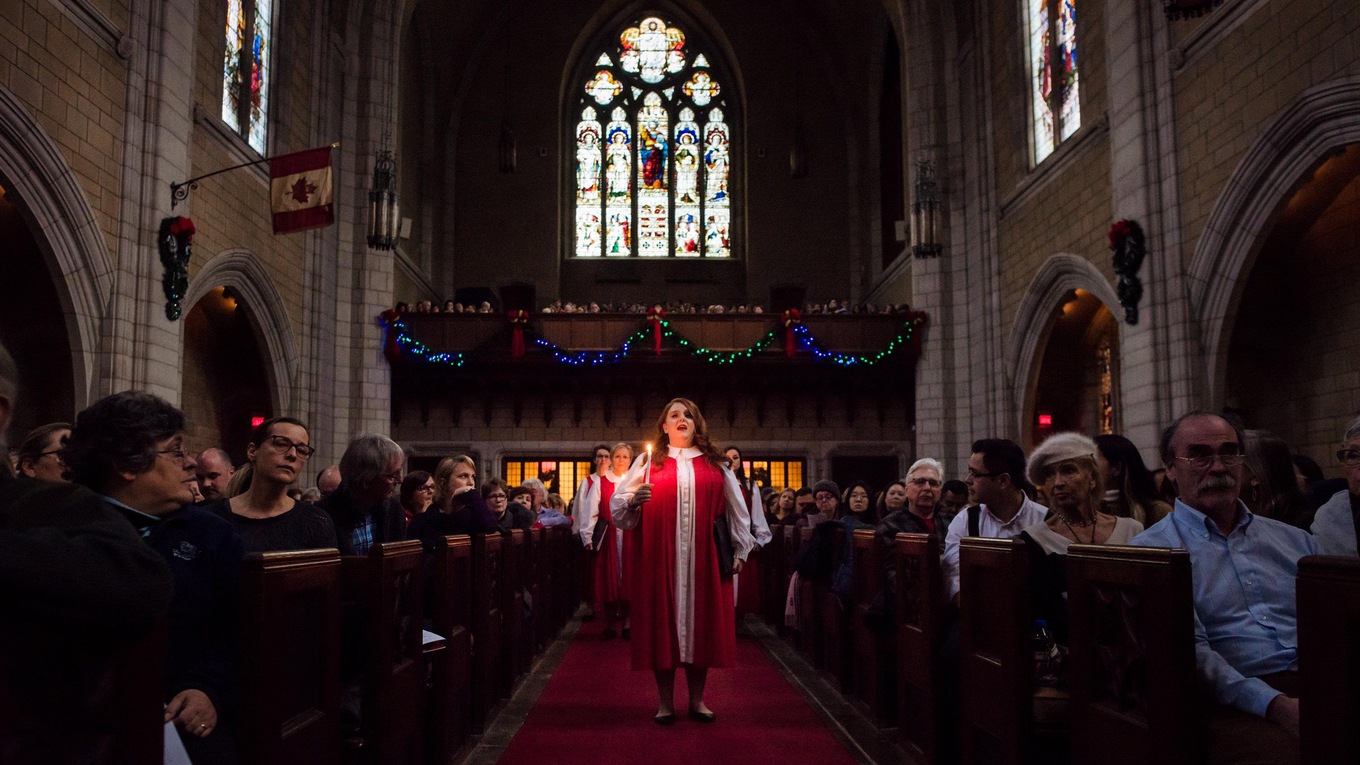 Soprano soloist Stephanie Manias leads the processional carol at the 2017 CBC Christmas Sing-In in Montreal.