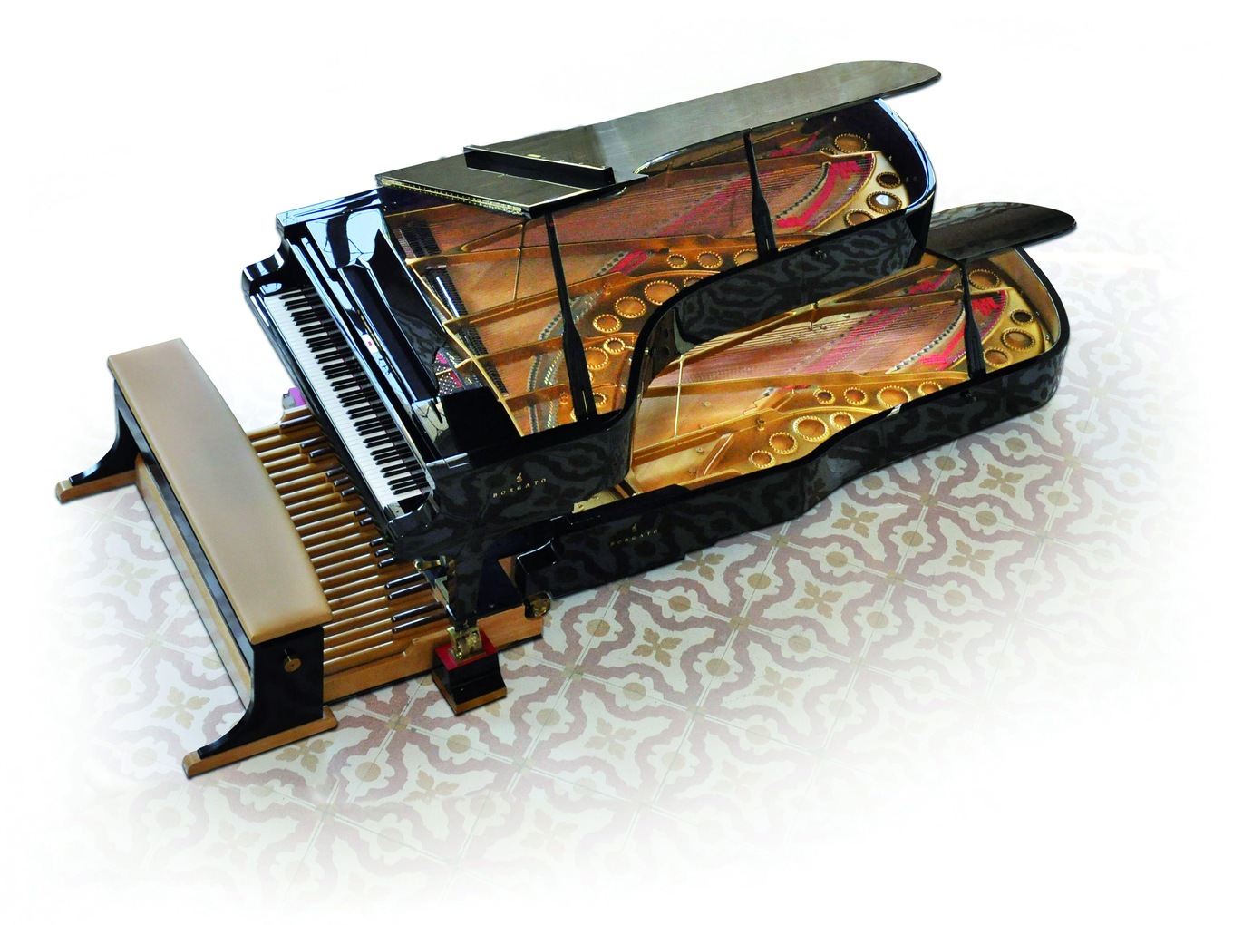 This double-decker concert grand piano was designed by Luigi Borgato and boasts an additional 37 pedals.