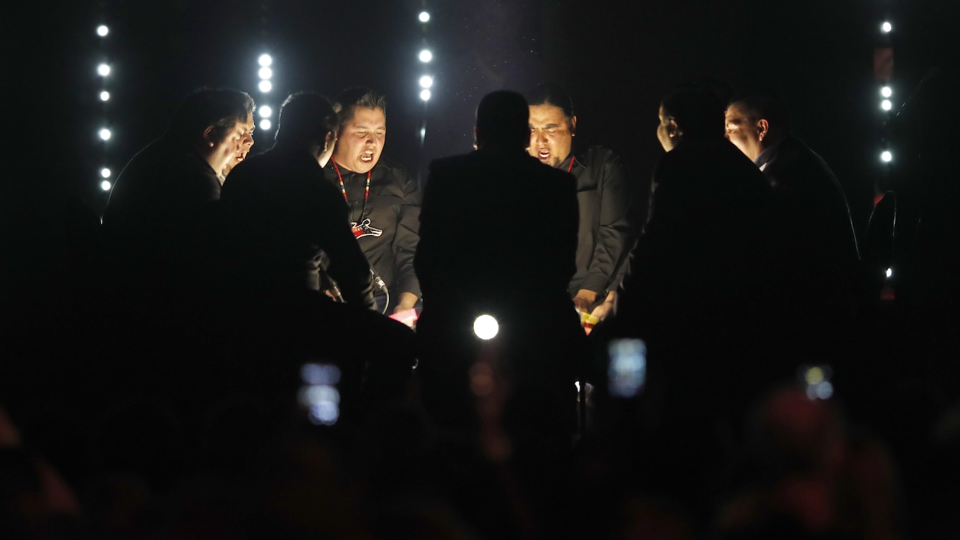 A shot from the opening performance done by A Tribe Called Red and Tanya Tagaq.