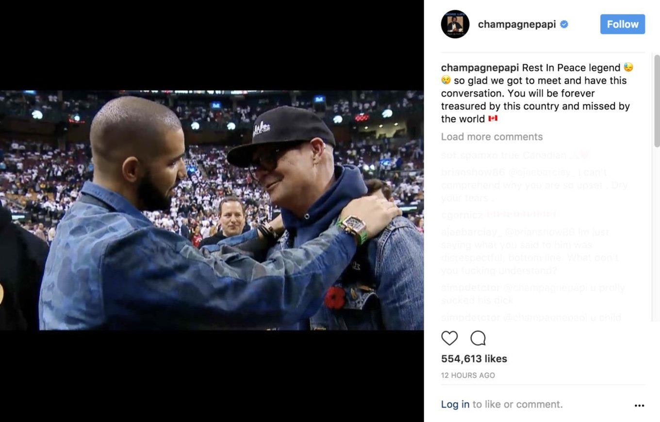 Drake and Gord Downie share a moment at a Toronto Raptors game.
