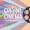 Le logo du festival Cuisine, cinéma et confidences sur un fond coloré avec une bobine de film. 
