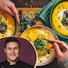 Une photo de potage de légumes et une photo de David Giroux.