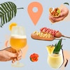 Un tacos dans une main, une autre main qui tient un verre de bière, un verre de pina colada et deux pogos.