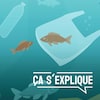 Un dessin de l'océan qui est pollué : il y a un poisson prisonnier d'un sac en plastique et une bouteille de plastique.