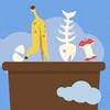 Une illustration d'une peau de banane, une carcasse de poisson et un coeur de pomme.