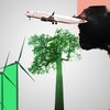 Un avion, un arbre et des éoliennes.