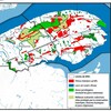 Une carte qui démontre que de nombreux secteurs sont sujets à l'exploration minière en Gaspésie. 
