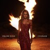 Couverture de l'album « Courage », qui représente Céline Dion, en robe longue rouge, devant un feu.