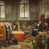 La toile Le débat sur les langues, de Charles Huot. On voit des parlementaires qui débattent vers la fin des années 1700.