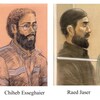 Des croquis de cour de Chiheb Esseghaier et Raed Jaser juxtaposés.