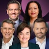 Montage photo des chefs des cinq principaux partis politiques au Québec.