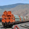 Des conduites sont sur des wagons sur des rails devant des montagnes. 