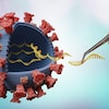 Illustration montrant la main d'un scientifique qui modifie l'ARN du coronavirus en laboratoire. 