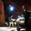Des policiers se tiennent à proximité d'une voiture stationnée près du trottoir. Un chien les accompagne.