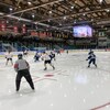 Une patinoire de hockey où deux équipes en bleu et blanc s'affrontent. 