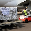 Une cargaison est déchargée d'un avion sur un tarmac.