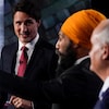 Les chefs Justin Trudeau, Jagmeet Singh et Erin O'Toole au débat des chefs en anglais.