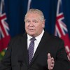 Le premier ministre Doug Ford en conférence de presse à l'Assemblée législative.