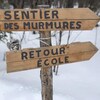 Des écriteaux sur du bois, indiquant « Sentier des murmures » et « retour école ».