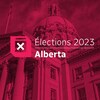 Image pour conducteur du dossier Élections Alberta 2023, avec une photo de l'Assemblée législative en arrière plan.