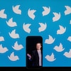 Une illustration montre Elon Musk sur l'écran d'un téléphone intelligent, entouré d'une nuée de petits oiseaux blancs, le logo de Twitter. 