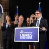Le chef du Parti conservateur du Québec Éric Duhaime prononçant son discours de défaite au Manoir du Lac Delage
