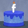 Un gâteau d'anniversaire surmonté d'une chandelle en forme du logo du réseau social Facebook.