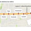 La carte montre les six stations qui seront fermées : Broadview, Chester, Pape, Donlands, Greenwood, Coxwell et Woodbine.