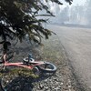 Un vélo d'enfant rouge abandonné en bordure d'une route. De l'autre côté, un feu de forêt consume un boisé.