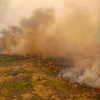 Des flammes et des colonnes de fumée jaillissent sur un terrain dénudé d'arbres.