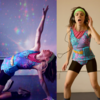 Trois photos juxtaposées d'une même jeune femme qui danse, vêtue d'une tenue de danse aérobique des années 80.
