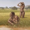 Illustration artistique montrant l'Homo bodoensis dans son milieu naturel, la savane africaine.