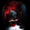 Un ordinateur avec une tête de mort, entouré de sang. 