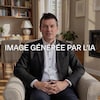 Jean-Pierre Després assis dans un fauteuil, avec le texte « IMAGE GÉNÉRÉE PAR L'IA » superposé au centre.