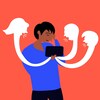 Un dessin d'une personne de couleur tenant un téléphone dans sa main. Des têtes émergent du téléphone et semblent insulter la personne, qui affiche un air triste.