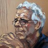 Dessin de cour représentant Jeffrey Epstein lors d’une audience au tribunal à New York