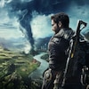 Un homme portant des armes contemple un paysage bombardé dans un jeu vidéo. 