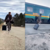 Montage de Kevin Arseneau à vélo, en train et en autobus.