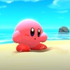 Un personnage rose sur une plage. 