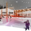 Un dessin d'architecte de l'extérieur du Lab-École. Des enfants patinent et font des bonhommes de neige.